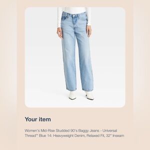 Universal Thread Women's Mid-Rise Studded Light Blue Baggy Jeans, 14